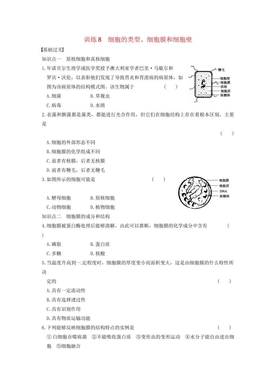 学高中生物 第三章 细胞的结构和功能 第8课时 细胞的类型同步课时检测 苏教版必修1_第1页