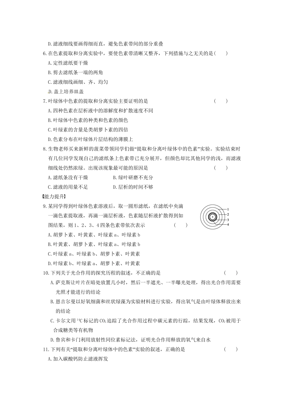 学高中生物 第四章 光合作用和细胞呼吸 第17课时 光合色素同步课时检测 苏教版必修1_第2页