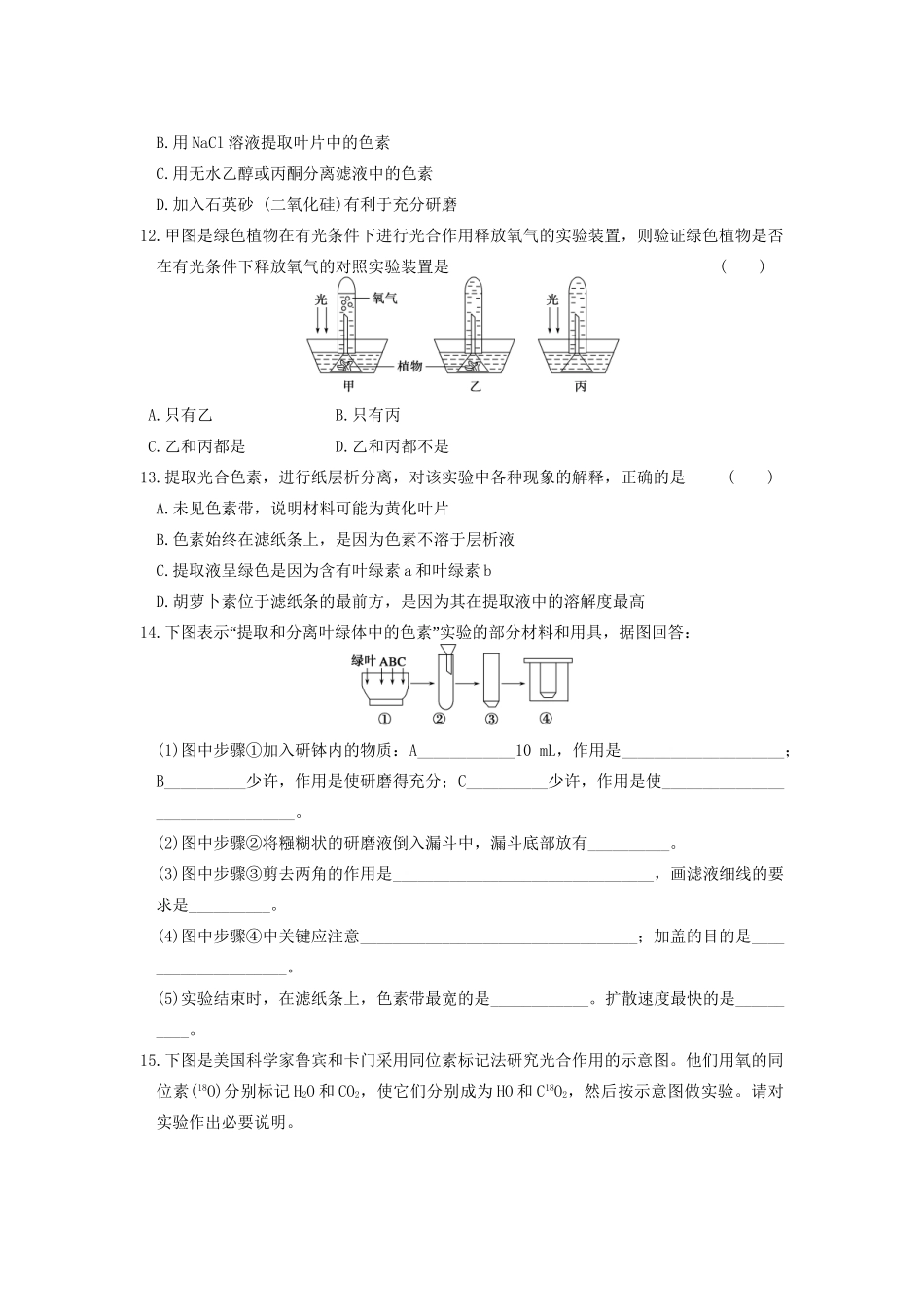 学高中生物 第四章 光合作用和细胞呼吸 第17课时 光合色素同步课时检测 苏教版必修1_第3页
