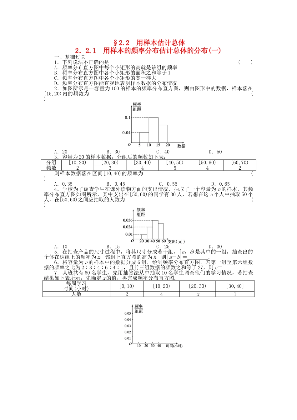 高中数学 2.2.1用样本的频率分布估计总体的分布(一)基础过关训练 新人教B版必修3 _第1页