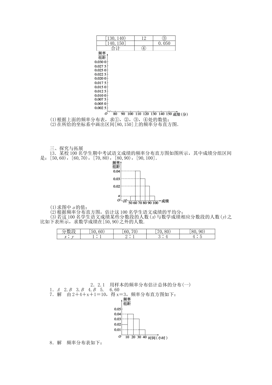 高中数学 2.2.1用样本的频率分布估计总体的分布(一)基础过关训练 新人教B版必修3 _第3页