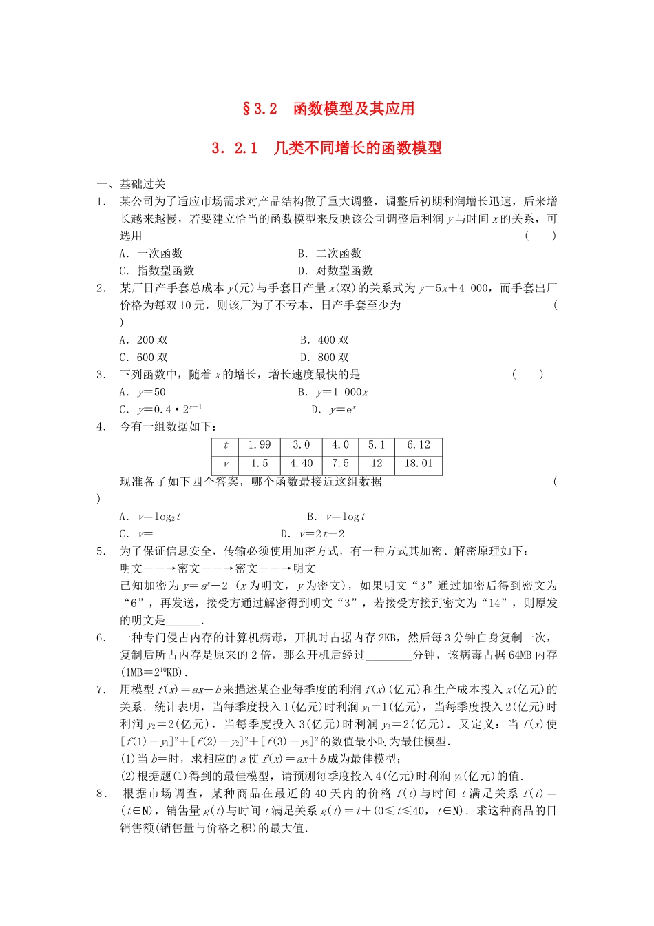 高中数学 3.2.1几类不同增长的函数模型配套试题 新人教A版必修1_第1页