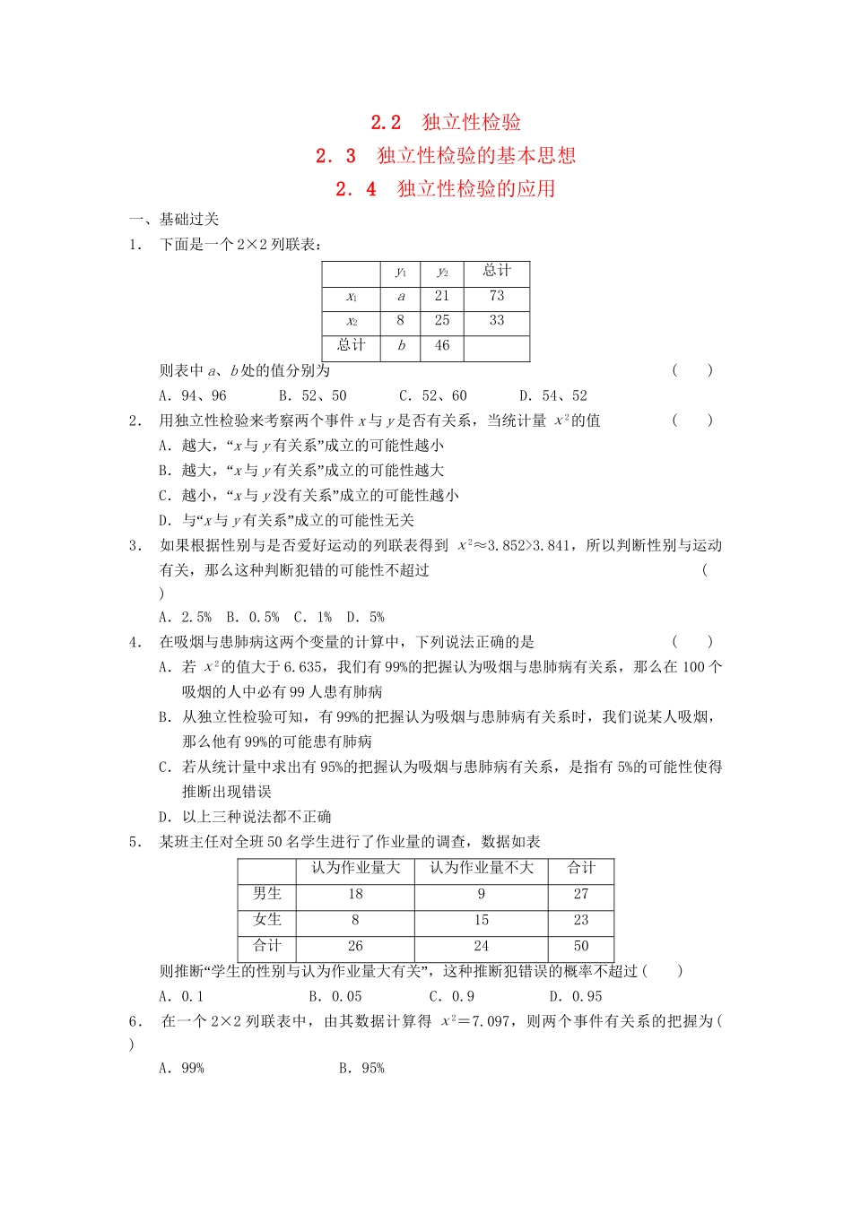学高中数学 第一章 独立性检验独立性检验的基本思想独立性检验的应用检测题 北师大版选修1-2_第1页