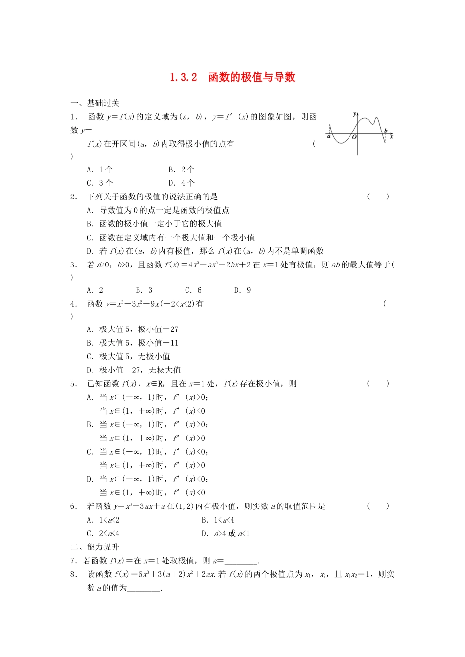 高中数学 第一章 1.3.2函数的极值与导数同步检测 新人教A版选修2-2_第1页