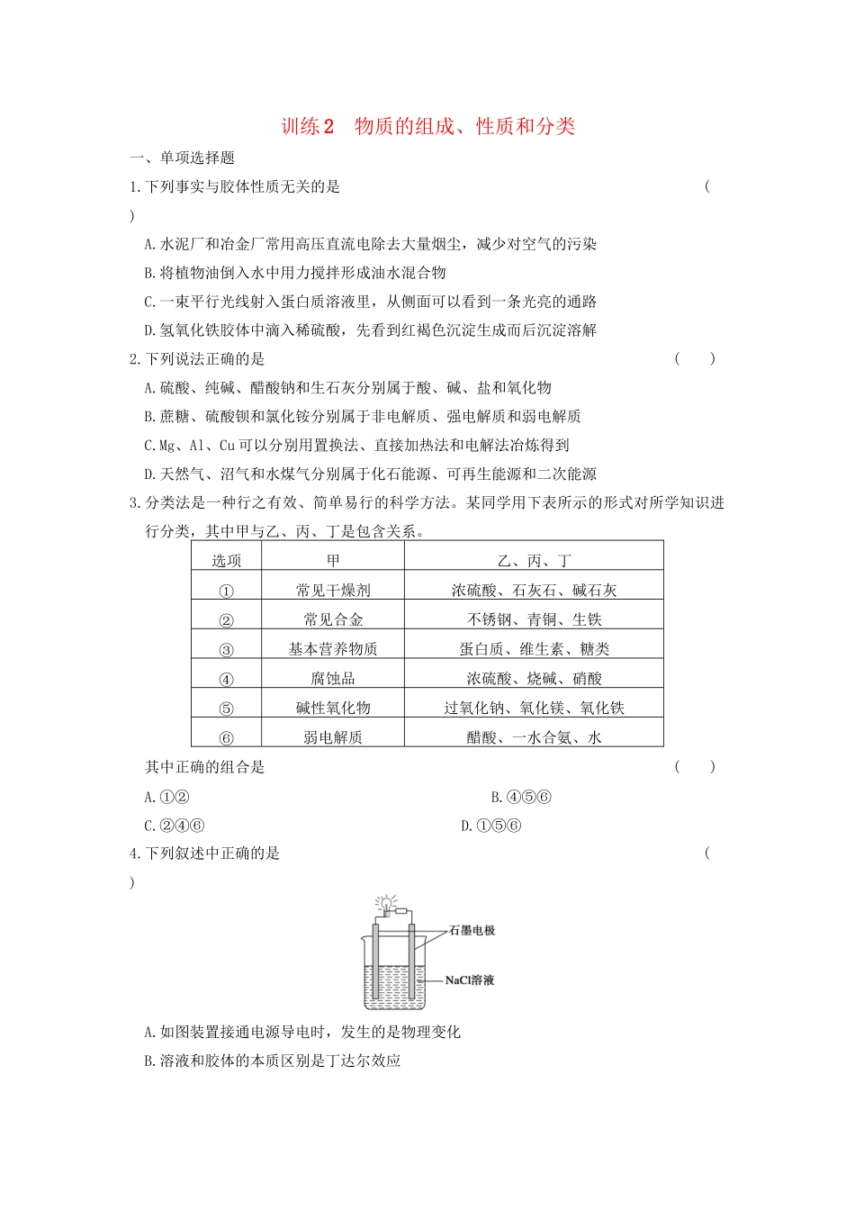 高考化学 考前三个月专题训练2 物质的组成、性质和分类 新人教版_第1页