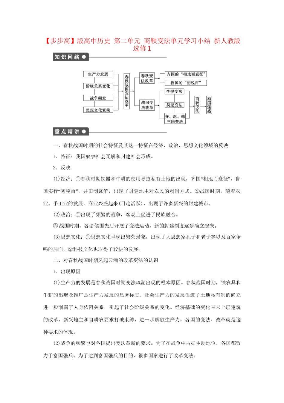 高中历史 第二单元 商鞅变法单元学习小结 新人教版选修1_第1页