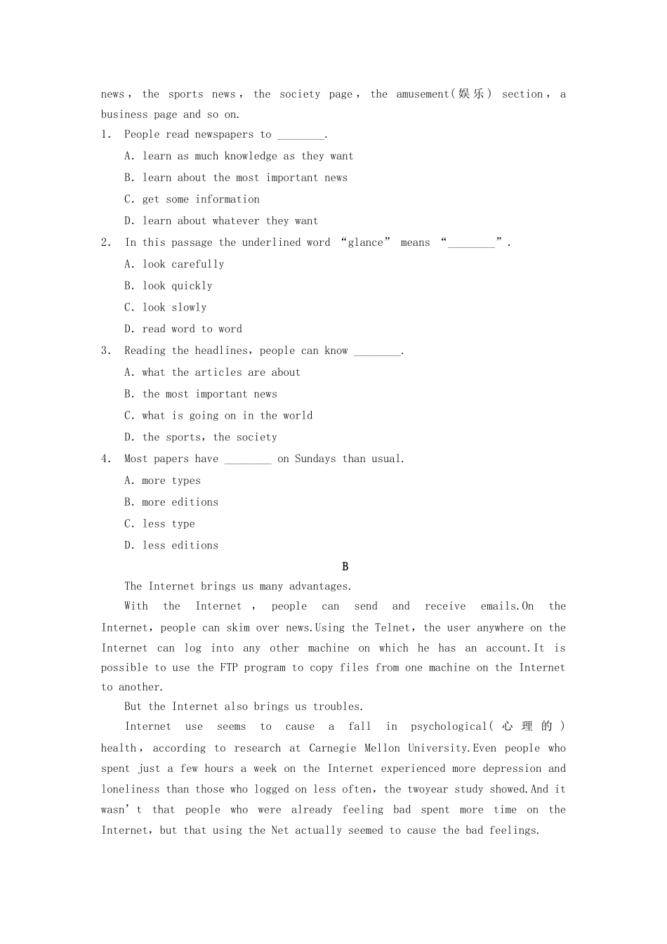 高中英语 Module 5 Newspapers and Magazines Period 1 Warm up and Reading同步测试1 外研版必修2_第3页