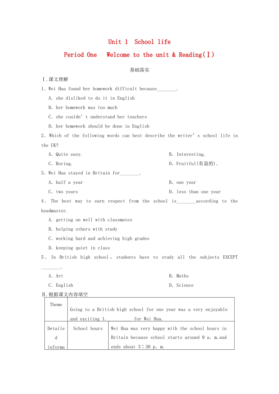 高中英语 Unit 1 School life Period One Welcome to the unit Reading同步测试1 牛津译林版必修1_第1页