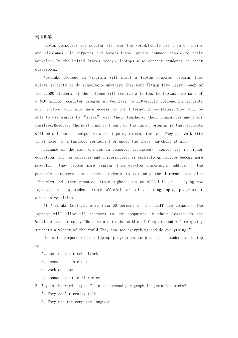 高中英语 Unit 4 Period One Warm up Reading同步测试1 北师大版必修2_第3页