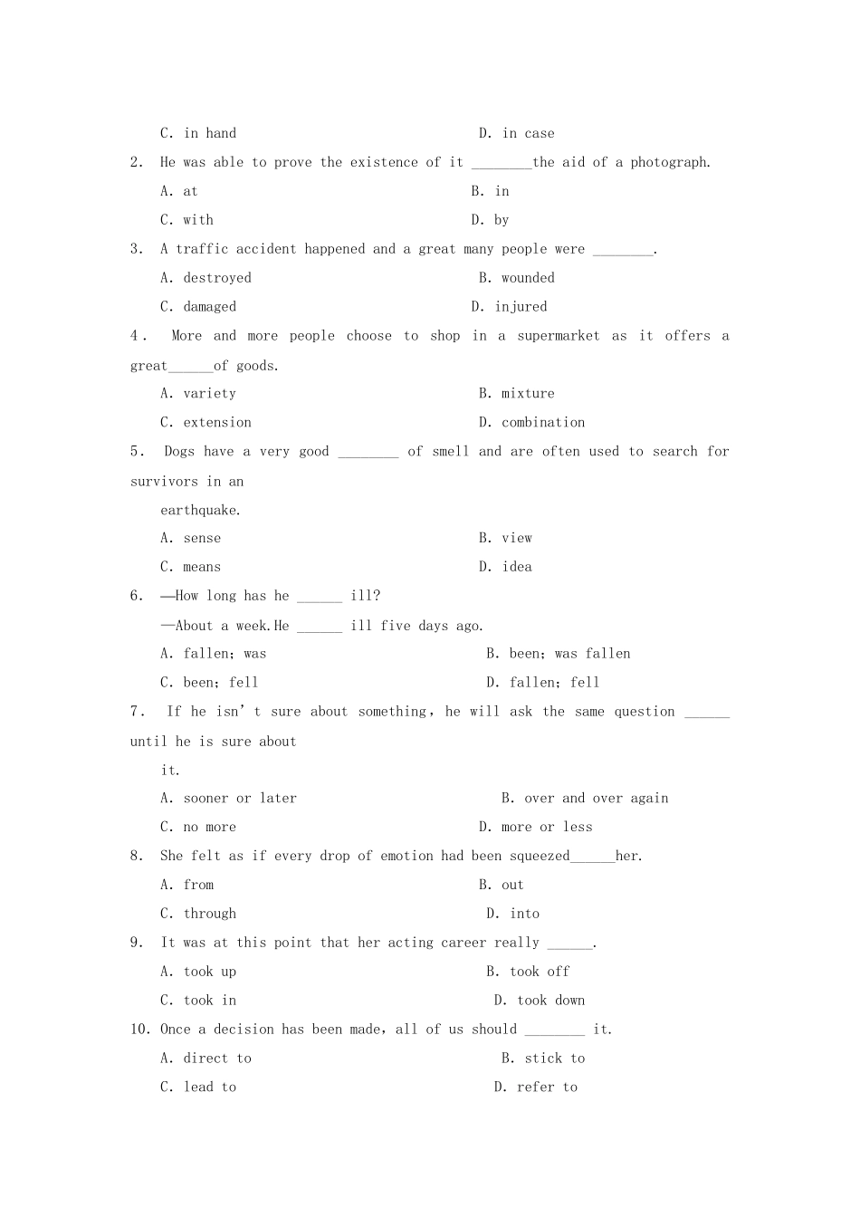 高中英语 Unit 5 First aid Period One Warming Up Reading同步测试2 新人教版必修5_第3页
