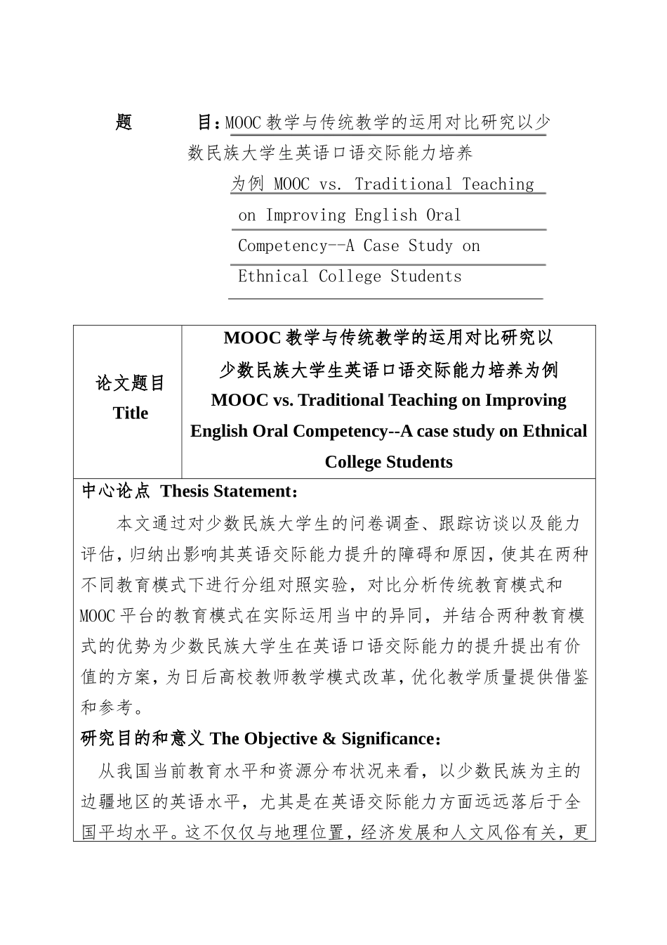 MOOC教学与传统教学的运用对比研究以少数民族大学生英语口语交际能力培养 开题报告书_第1页