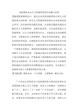 试析煤炭企业人力资源管理存在问题与对策分析研究  工商管理专业