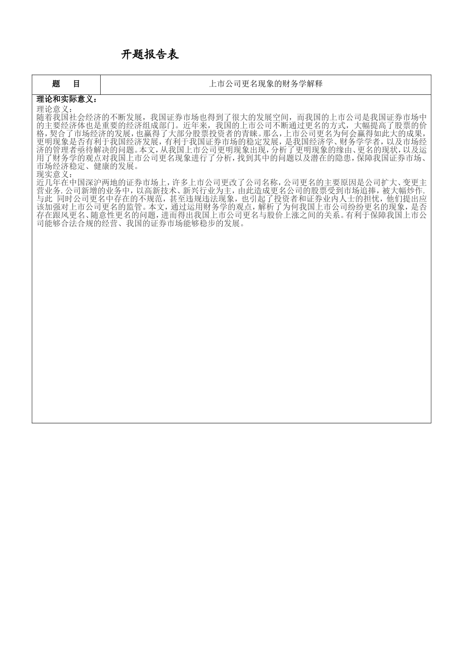 上市公司更名现象的财务学解释分析研究 开题 工商管理专业_第1页