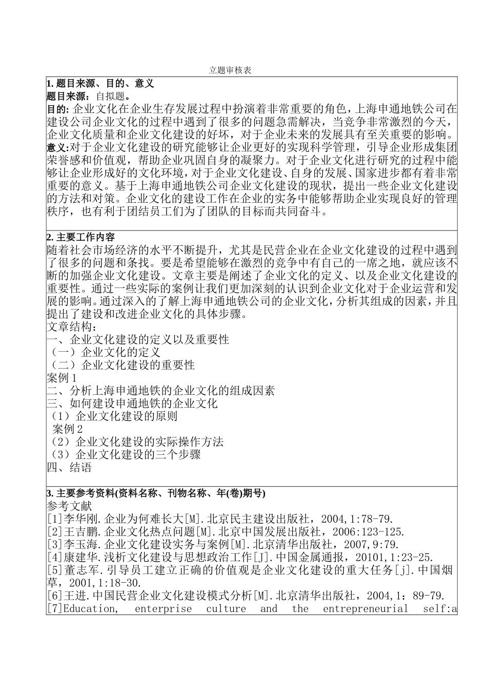 浅析上海申通地铁公司的企业文化建设分析研究 开题报告_第1页