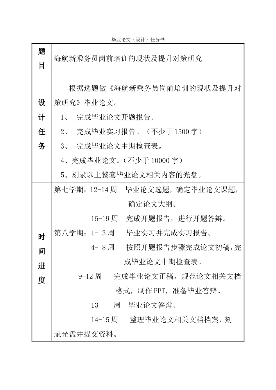 任务书  海航新乘务员岗前培训的现状及提升对策研究_第1页