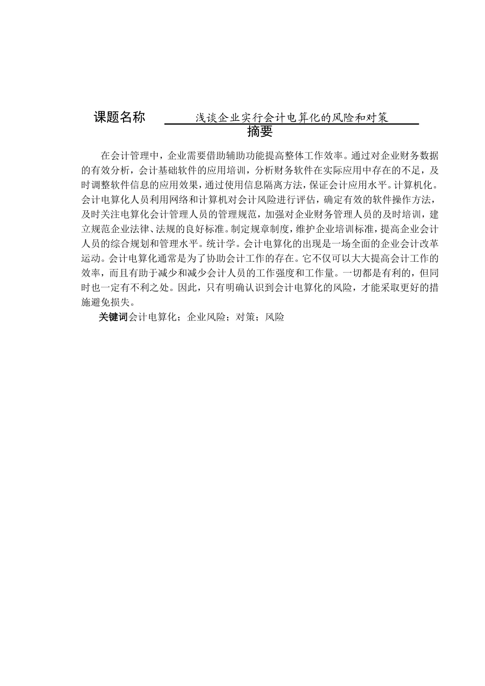浅谈企业会计电算化的风险和对策分析研究 财务管理专业_第1页