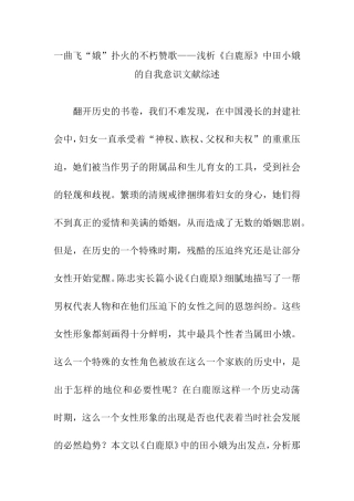浅析《白鹿原》中田小娥的自我意识分析研究 文献综述