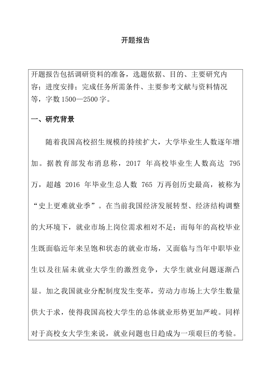 女大学生就业分析研究  开题报告_第1页