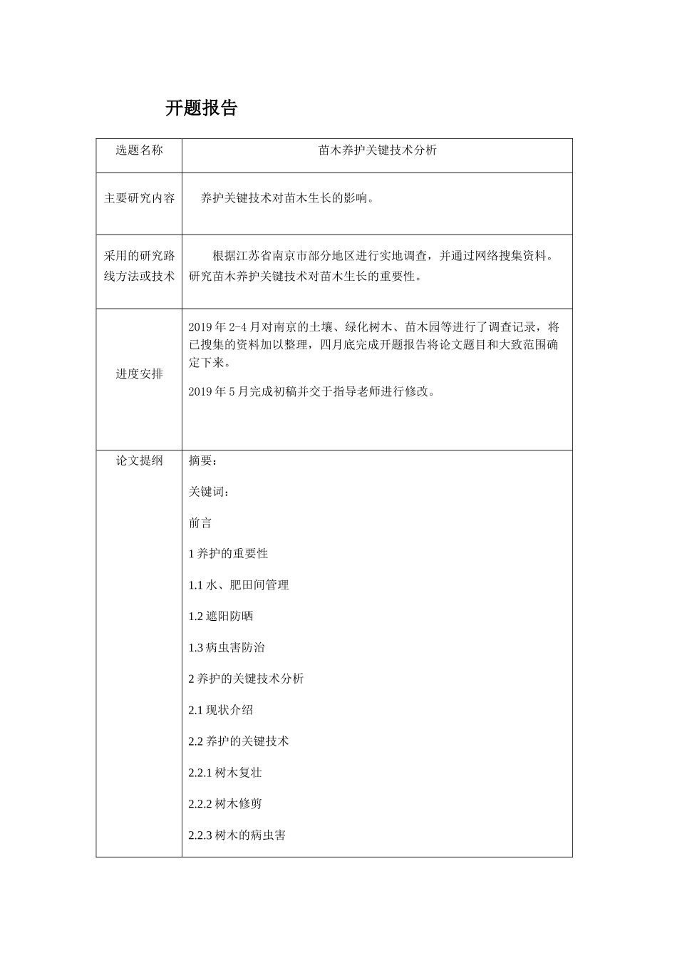 苗木养护关键技术分析研究 开题报告_第1页