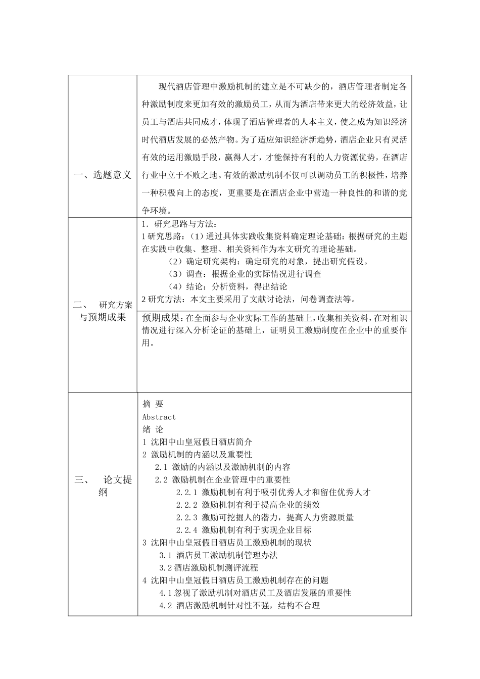 酒店激励机制研究分析 开题报告_第1页