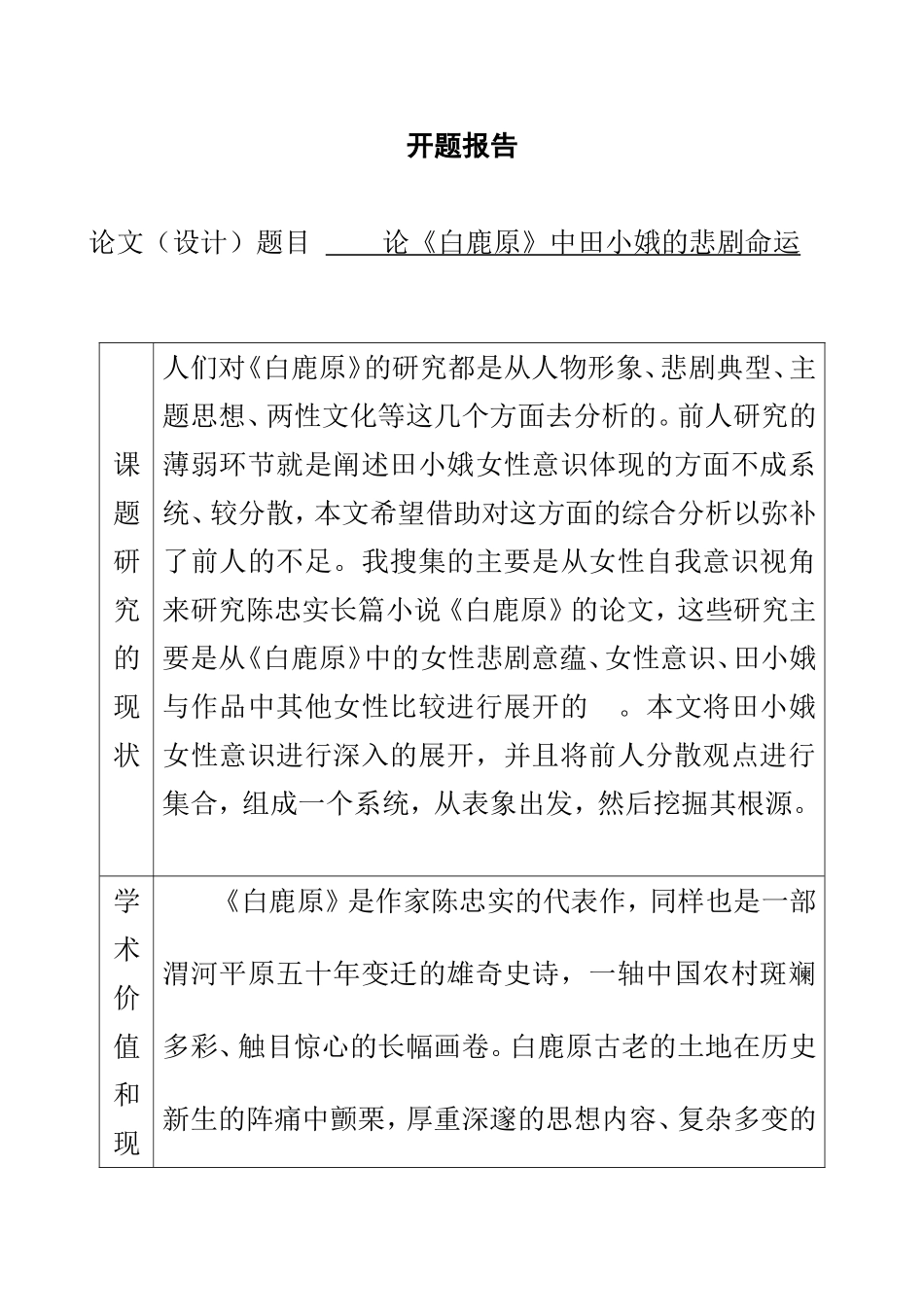 开题报告  论《白鹿原》中田小娥的悲剧命运_第1页