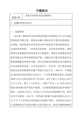 开题报告 某公司财务风险问题研究