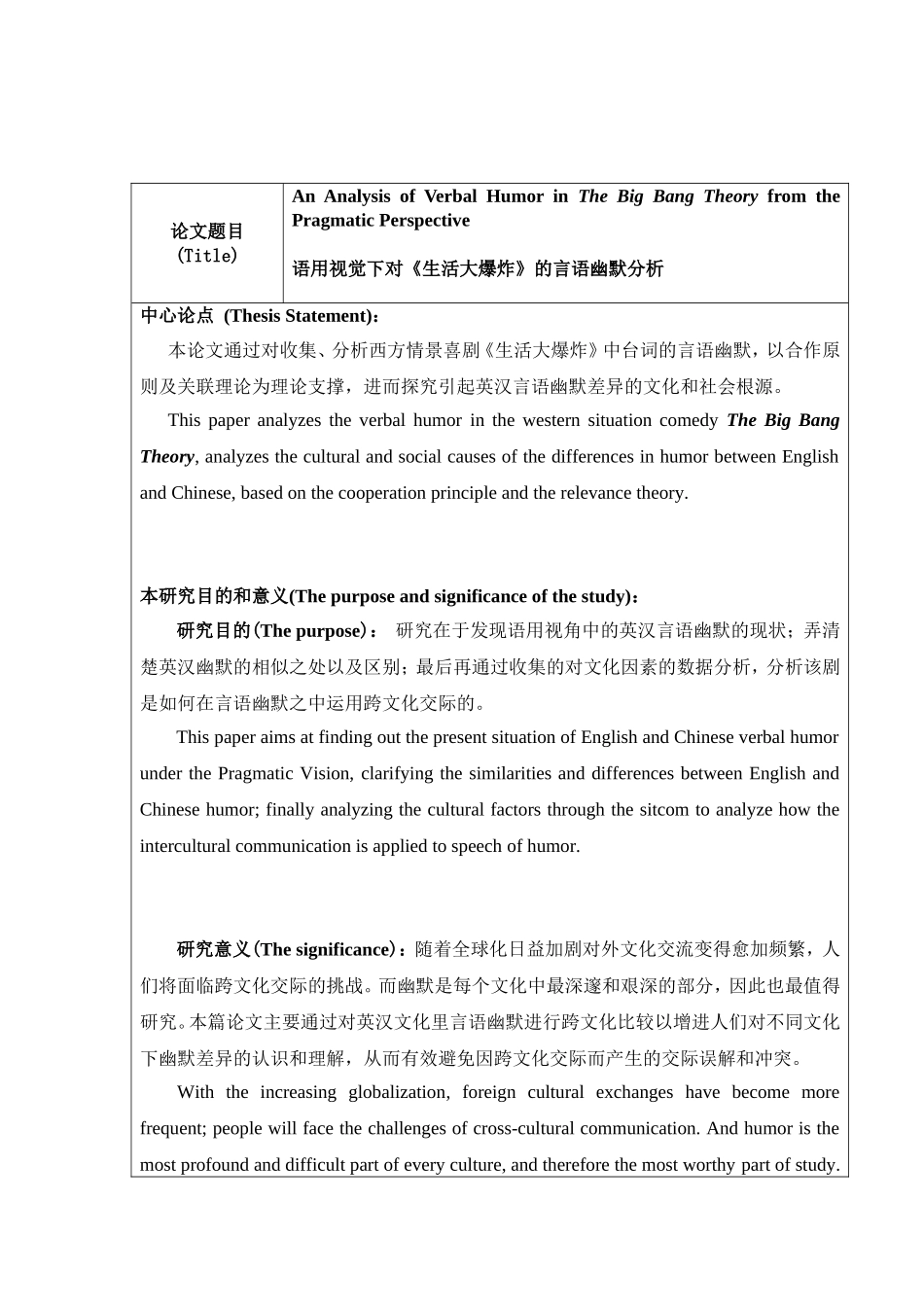 开题报告 语用视觉下对《生活大爆炸》的言语幽默分析_第1页