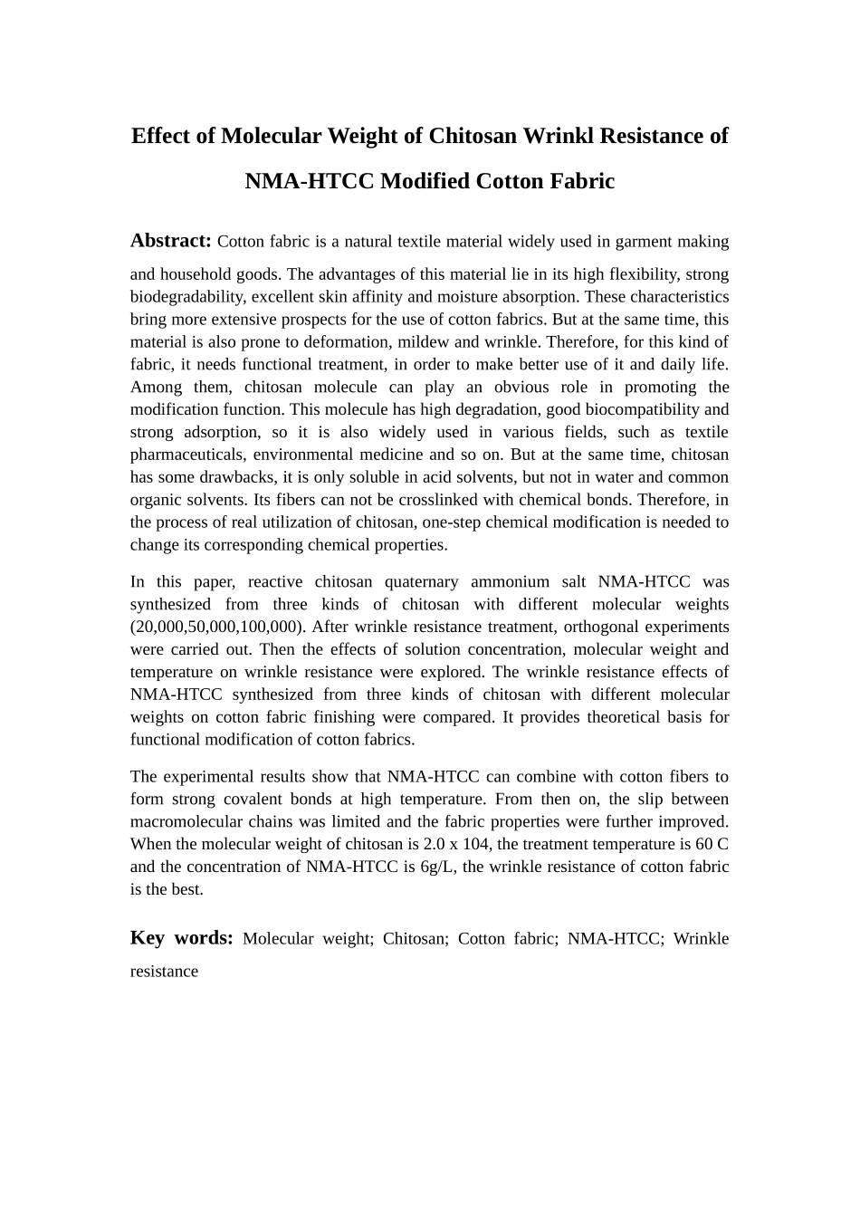 壳聚糖分子量对合NMA-HTCC改性棉织物抗皱效果的影响分析研究  生物技术专业_第2页