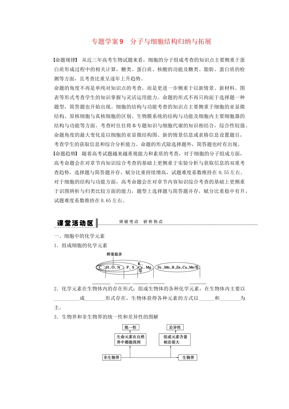 高考生物大一轮复习 第二单元  专题学案9　分子与细胞结构归纳与拓展_第1页
