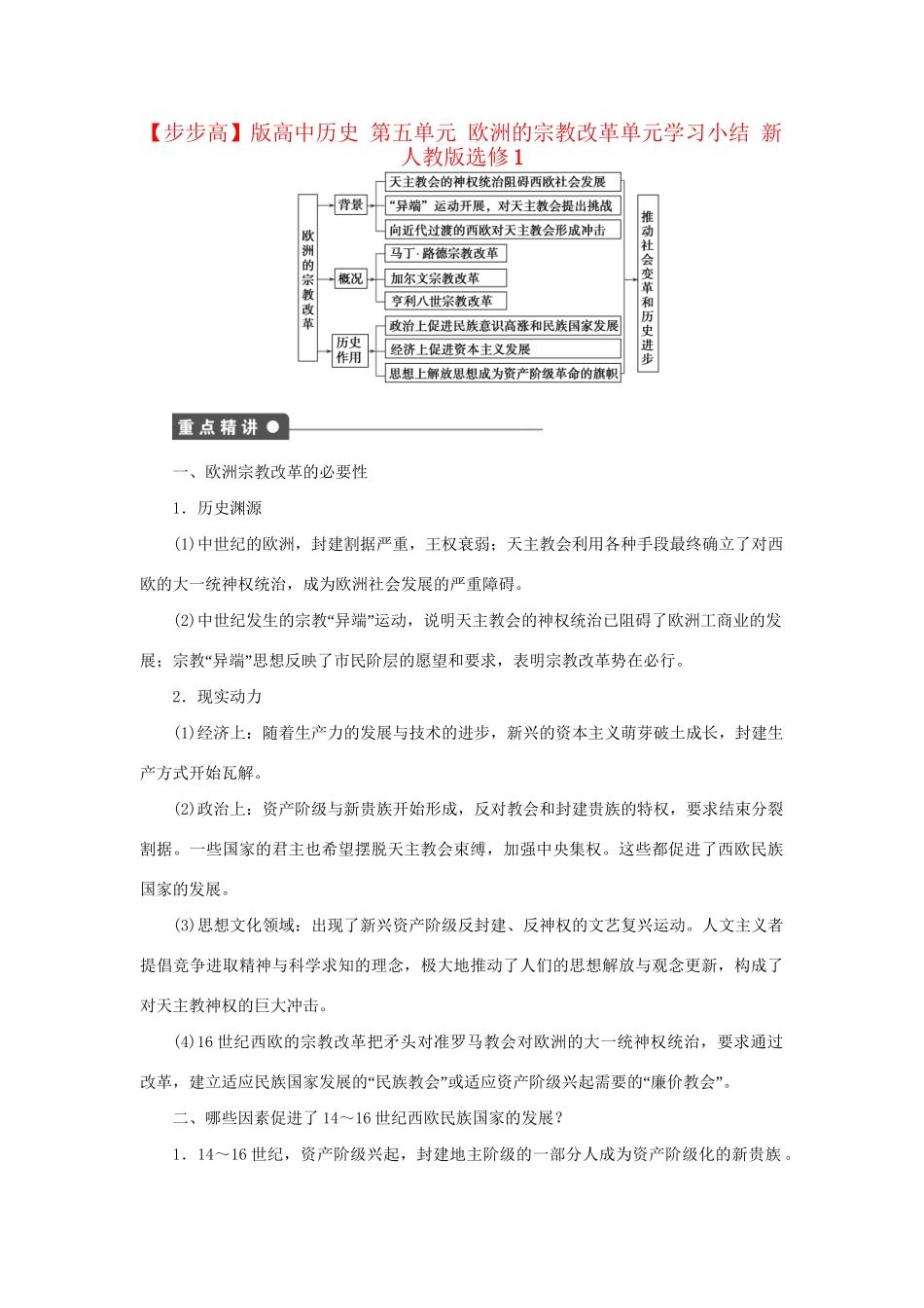 高中历史 第五单元 欧洲的宗教改革单元学习小结 新人教版选修1_第1页