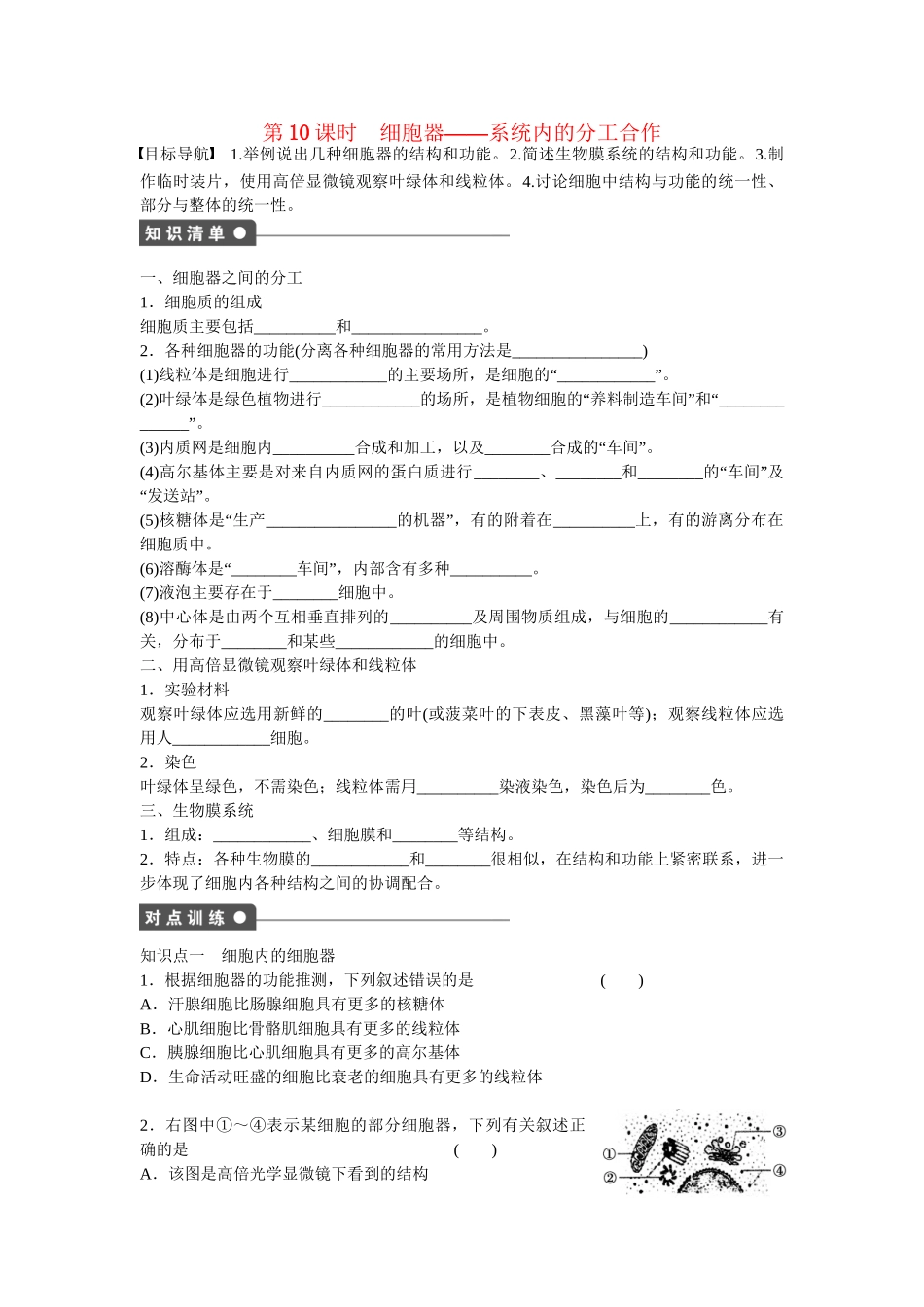 高中生物 第三章 第10课时 细胞器 系统内的分工合作课时作业 新人教版必修1_第1页
