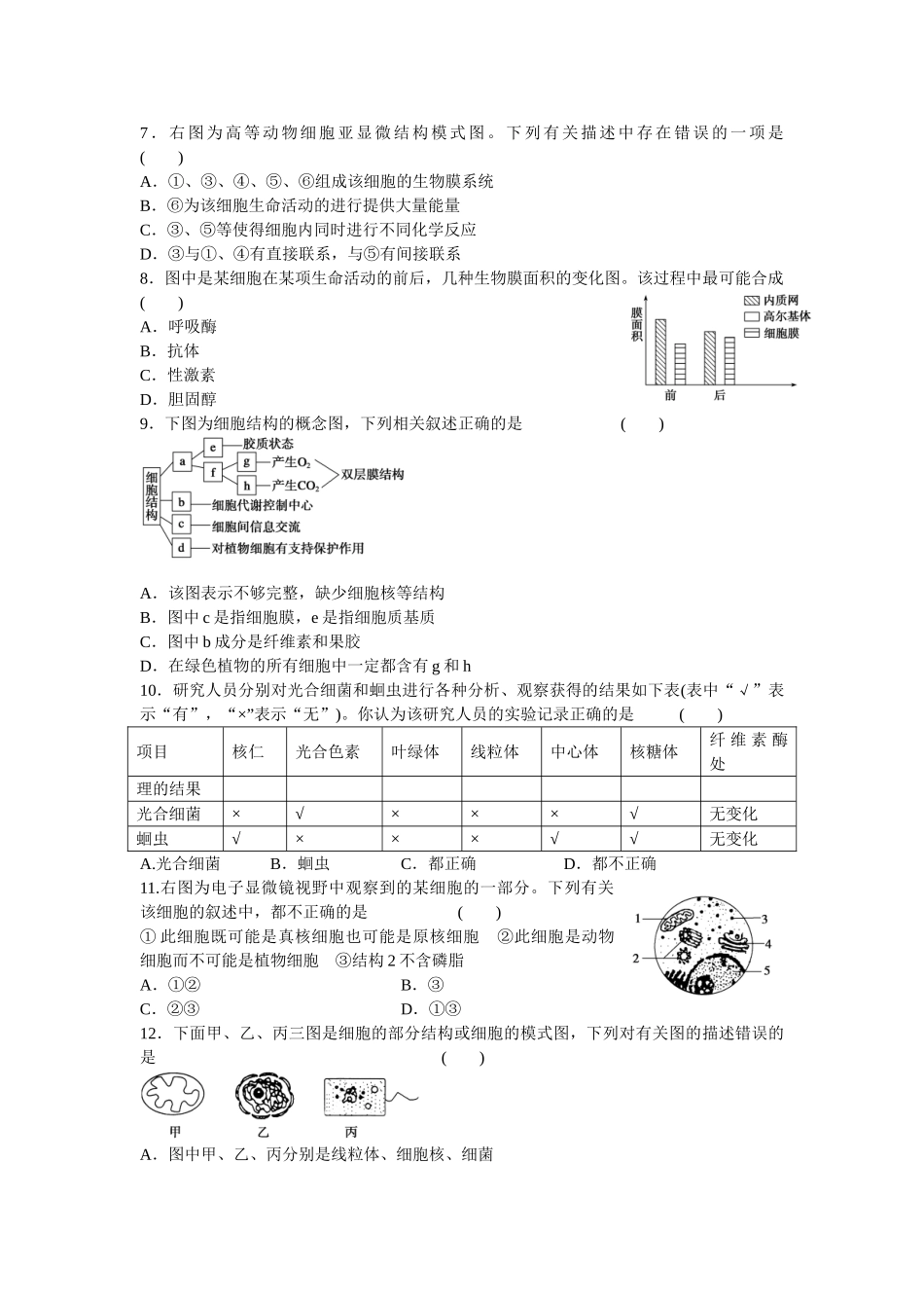 高中生物 第三章 细胞的基本结构单元检测 新人教版必修1_第2页