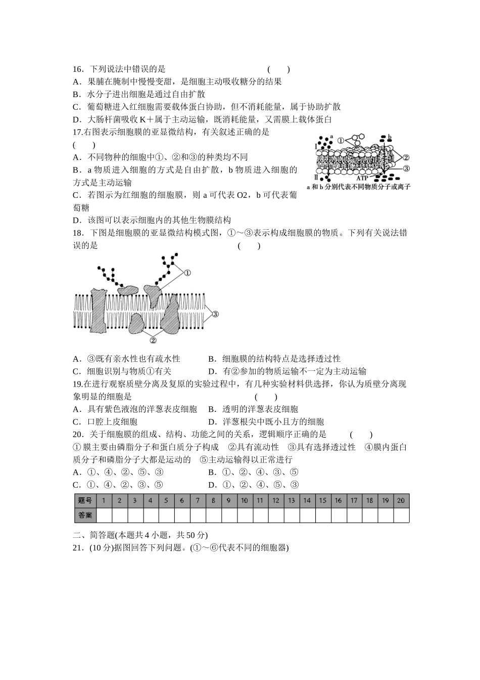 高中生物 第四章 细胞的物质输入和输出单元检测 新人教版必修1_第3页
