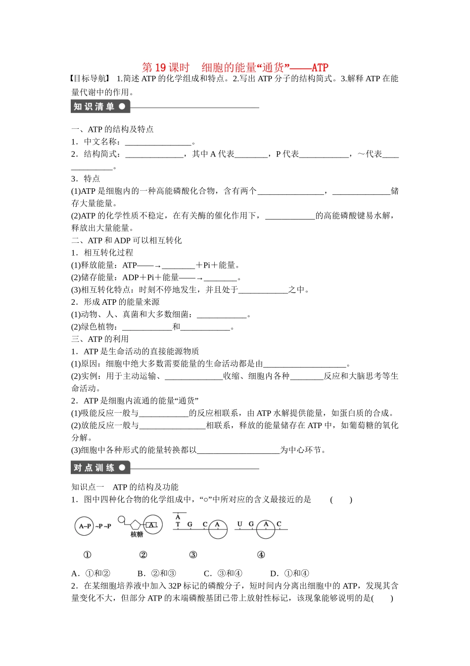 高中生物 第五章 第19课时 细胞的能量“通货” ATP课时作业 新人教版必修1_第1页