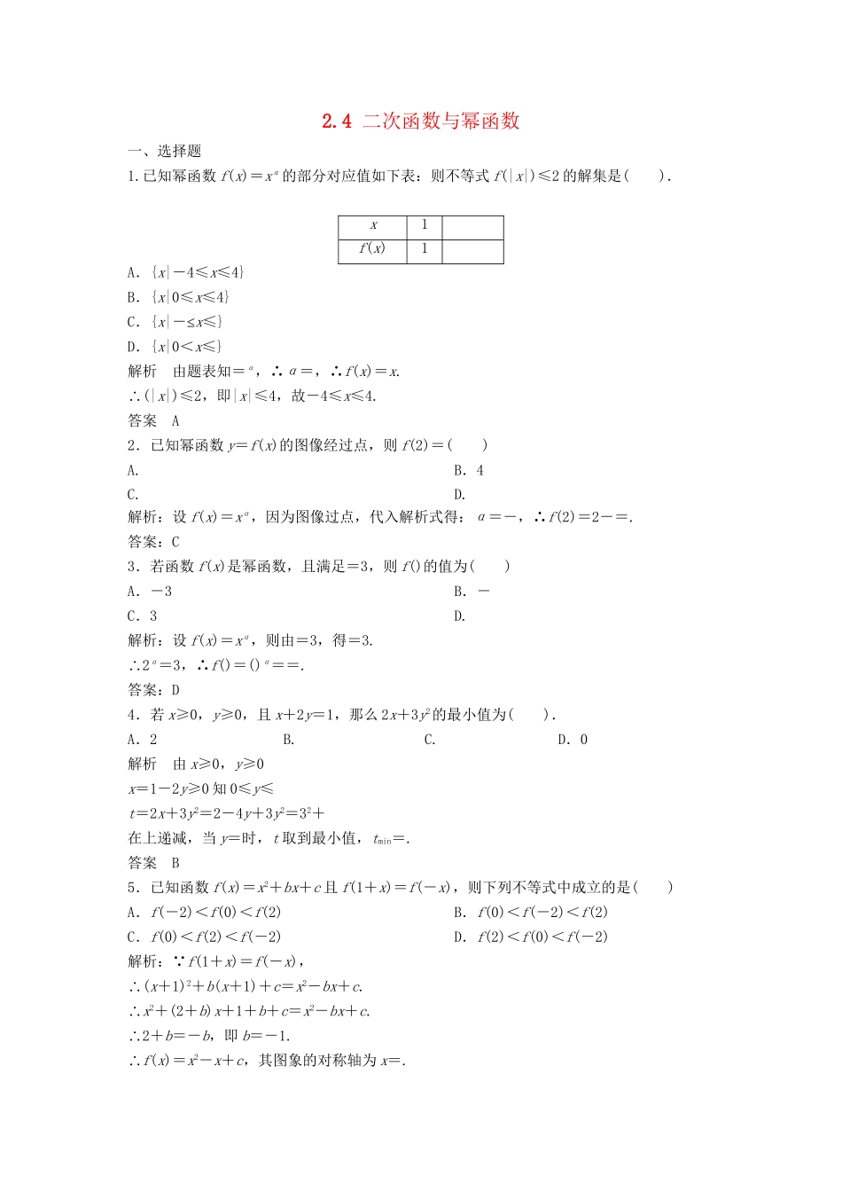 高三数学一轮 2.4 二次函数与幂函数课时检测 理 （含解析）北师大版_第1页