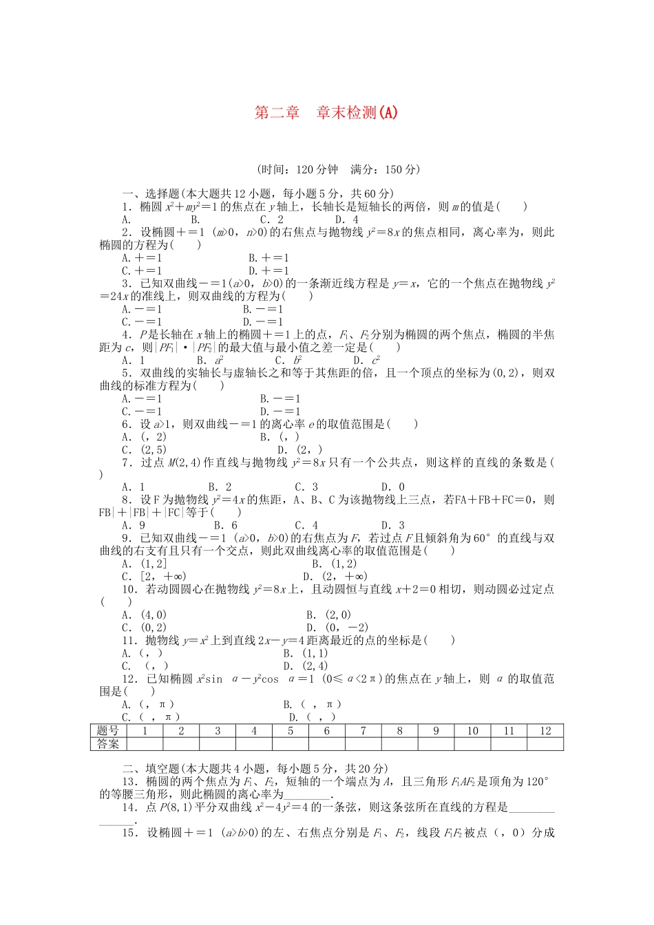 高中数学 第二章 章末检测（A）新人教A版选修1-1_第1页