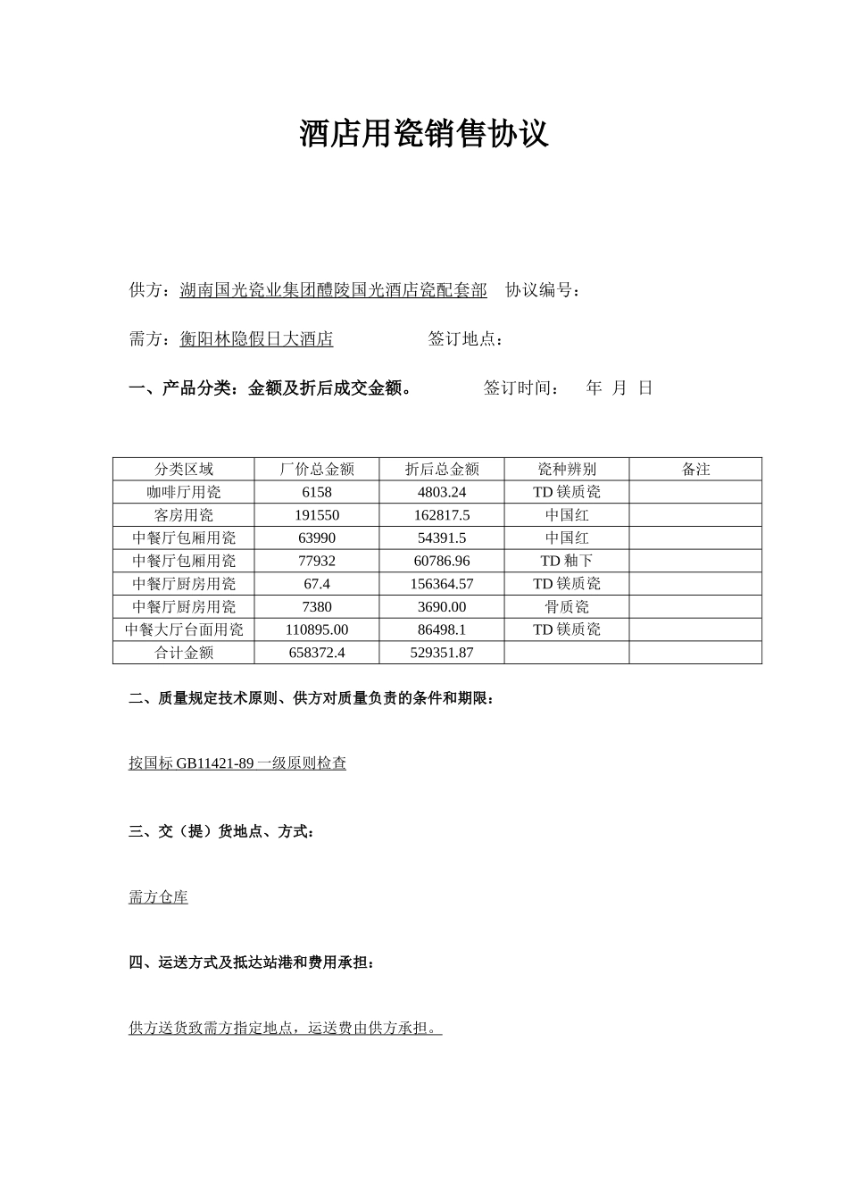 酒店用瓷销售合同_第1页