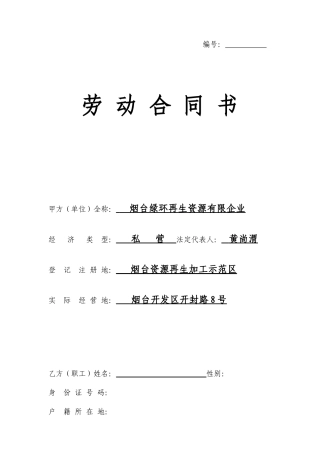 劳动合同书电子版样本