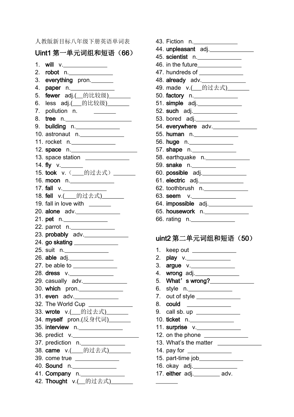 八年级下册英语单词表(人教版)默写中文_第1页