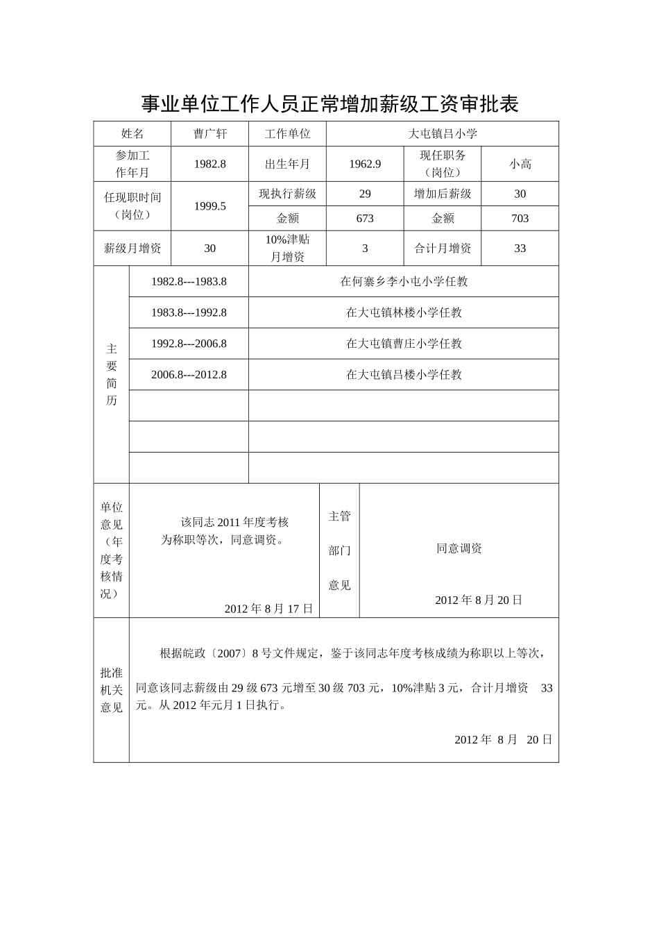 吕楼小学事业单位工作人员正常增加薪级工资审批表_第1页