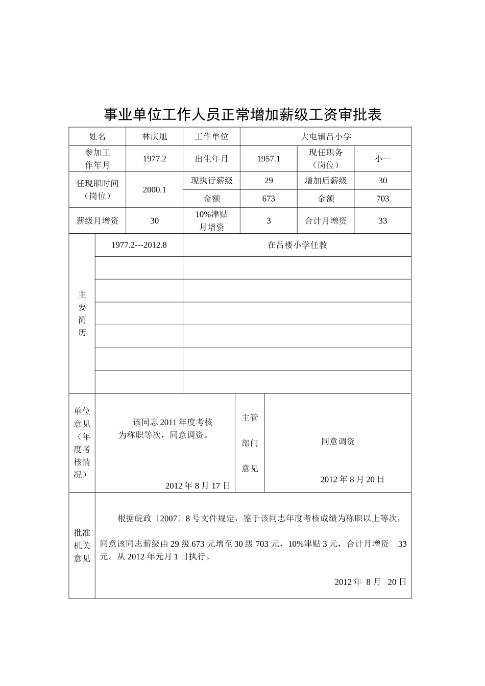 吕楼小学事业单位工作人员正常增加薪级工资审批表_第3页