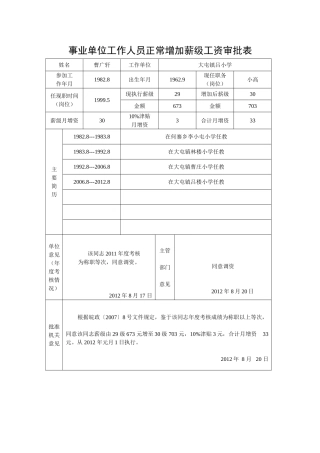 吕楼小学事业单位工作人员正常增加薪级工资审批表
