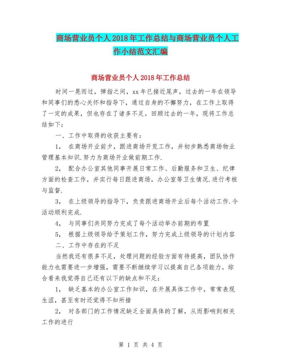 商场营业员个人2018年工作总结与商场营业员个人工作小结范文汇编_第1页