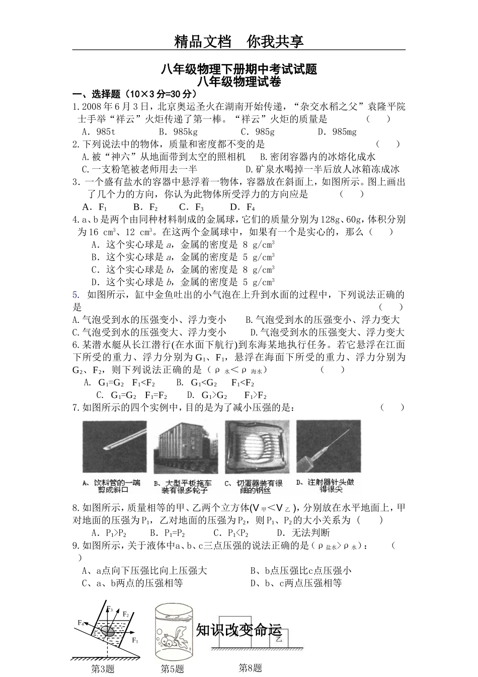 八年级物理下册期中考试试题_第1页