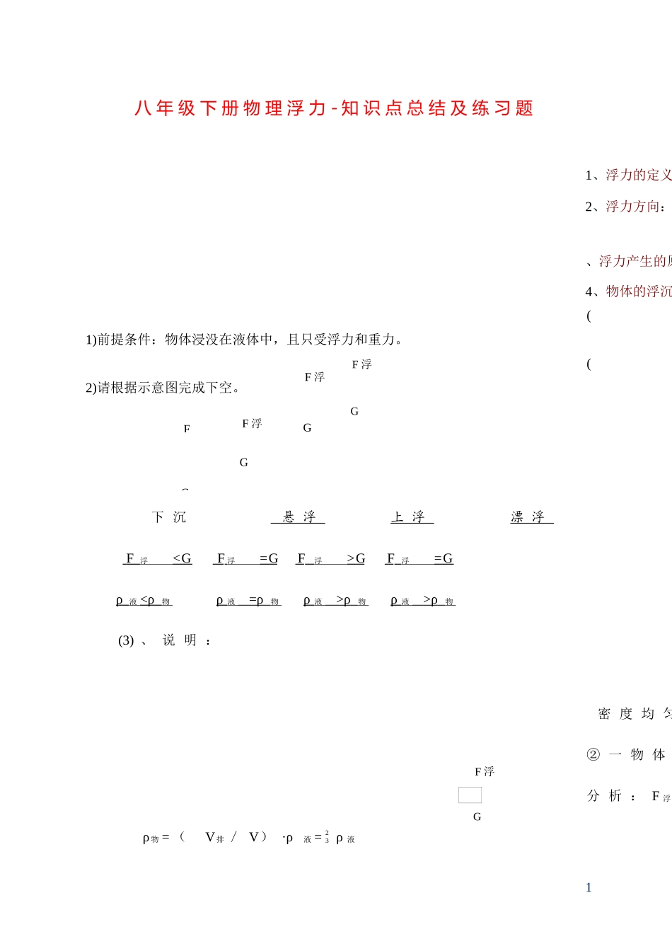 八年级下册物理浮力-知识点总结及练习题[2]_第1页