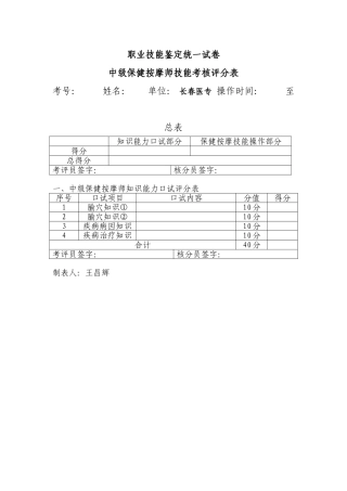 保健按摩师技能考核评分表