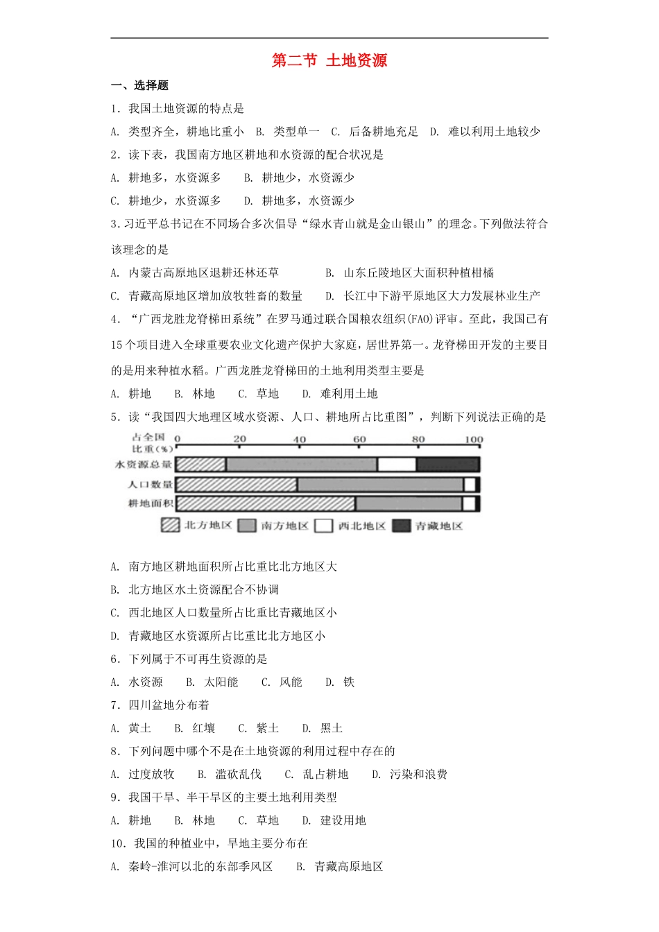 八年级地理上册-3.2土地资源同步测试-(新版)新人教版_第1页