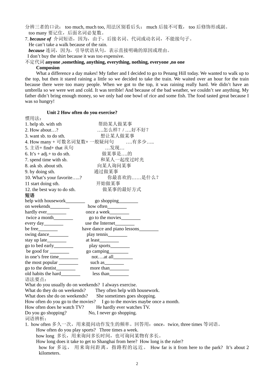 八年级上册英语1-10单元短语语法句型及作文整理_第2页