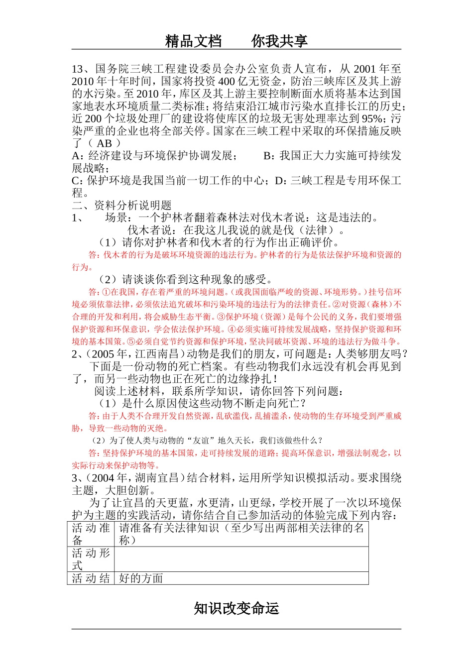 八年级政治依法保护人类共有的家园测试题_第3页