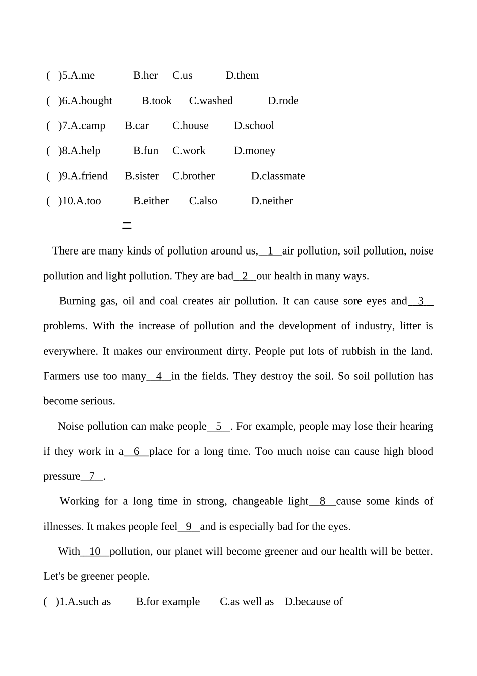 八年级英语上册完型填空专项练习(附答案)_第2页